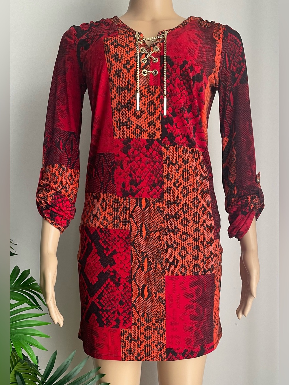 Michael Kors Red & Orange Patchwork Snake-Print Mini Dress